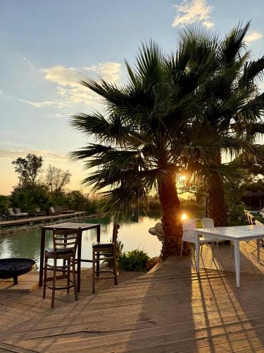 a wooden deck with a table and chairs and a palm tree at Modern Tiny House with Big Comfort in Estômbar