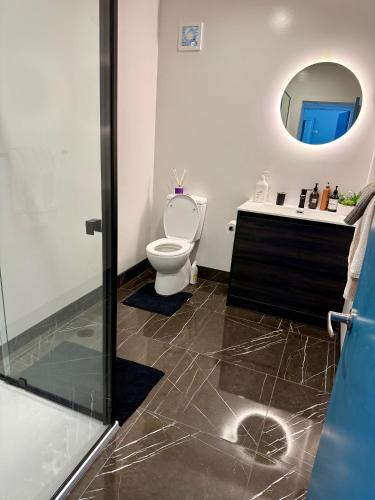 a bathroom with a toilet and a sink and a mirror at Sandy Beach Apartment in Russell