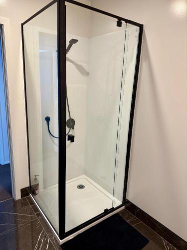 a shower with a glass enclosure in a bathroom at Sandy Beach Apartment in Russell