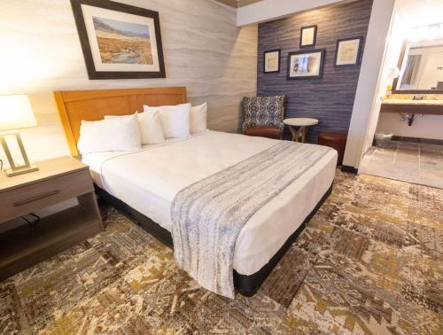 a hotel room with a bed and a chair at Stovepipe Wells Village in Death Valley