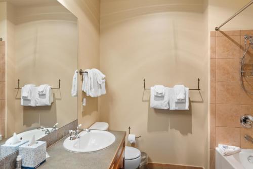 a bathroom with a sink and a toilet and a shower at Red Hawk Lodge 2313 by Summit County Mountain Retreats in Snake River Health Services Incorporated Heliport