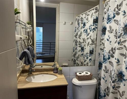 a bathroom with a sink and a toilet and a mirror at Santiago de las alturas in Santiago