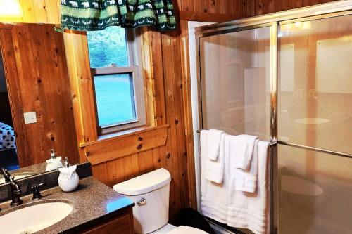 a bathroom with a shower and a toilet and a sink at Solar powered log cabin with mountain views, 3acres in Lake Lure