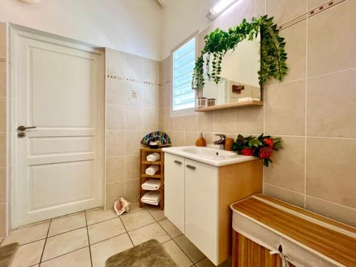 a bathroom with a sink and a mirror at Kaz a Doudou La in Saint-François
