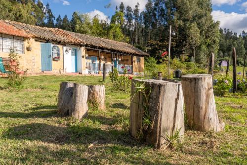 a group of tree stumps in front of a house at Cabañas Santa Teresa de las Flores in Sogamoso