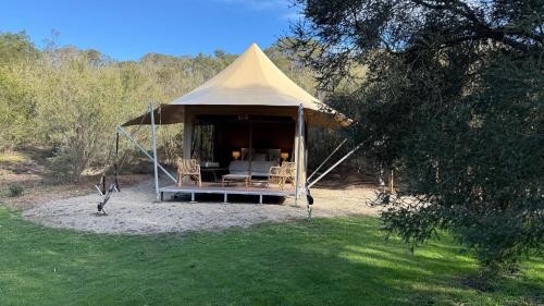 a tent with a table and chairs in a field at Ukiyo Nature Retreat in Fingal