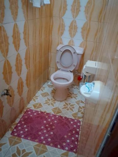 a bathroom with a toilet and a purple rug at Gladstone Main House in Nyeri