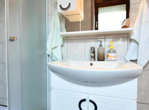 a bathroom with a white sink and a mirror at Holiday Apartment Vuković in Saborsko