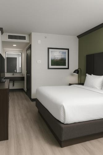 オクラホマシティにあるDel Sole OKC Studio Aptarments by the Airportの大きな白いベッドとテレビのある寝室