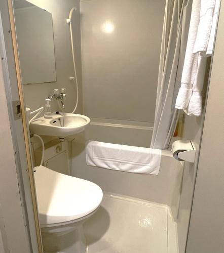 a small bathroom with a toilet and a sink at Hotel Tetora Makuhari Inagekaigan (Formerly Business Hotel Marine) in Chiba