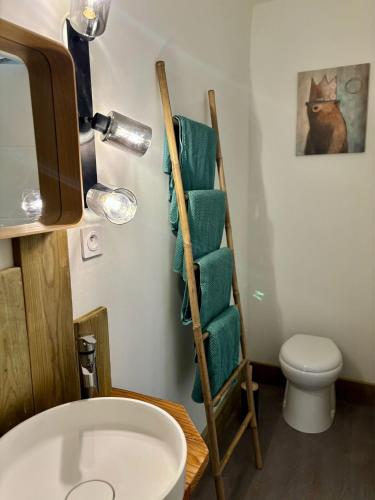 a bathroom with a green towel rack next to a toilet at Les Rives De Bel Air - Hébergements - Camping - Caravaning in Saint-Siméon