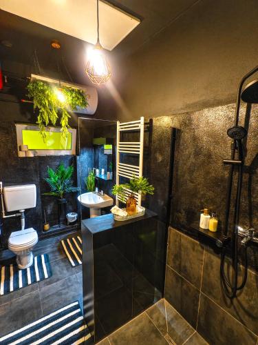 a bathroom with a toilet and a sink with plants at Margarets Place in Braşov