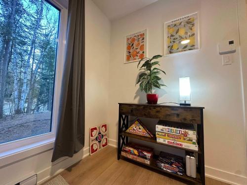 a book shelf in a room with a window at Foosball table Spa & Sauna - Sommetoile in Saint Come