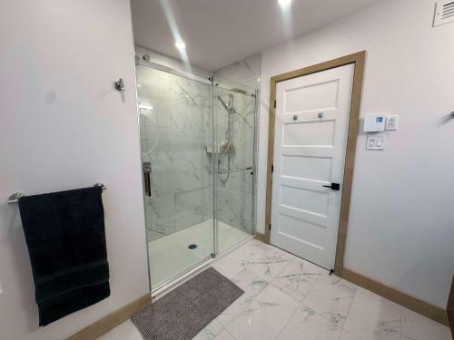 a bathroom with a shower and a glass shower door at Foosball table Spa & Sauna - Sommetoile in Saint Come