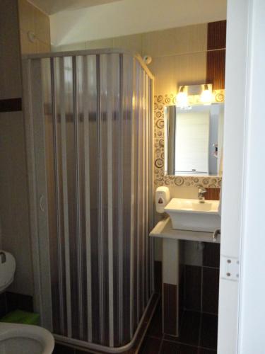 un bagno con doccia e lavandino di Phoenix Studios by Tania a Sárti