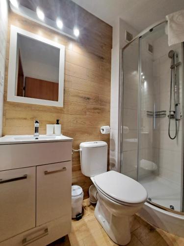 a bathroom with a toilet and a shower and a sink at Pensjonat Pod Świerkami in Polanica-Zdrój