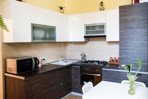 リヴィウにあるSoborna Comfort Placeの白いキャビネット、シンク、電子レンジ付きのキッチンが備わります。