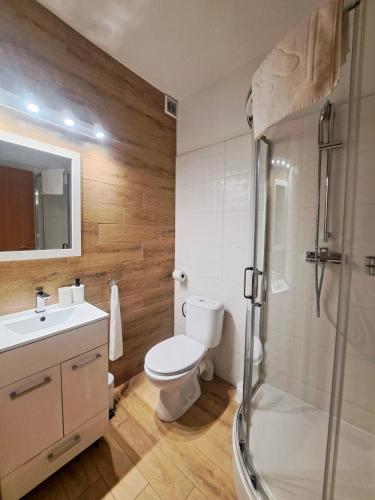 a bathroom with a toilet and a shower and a sink at Pensjonat Pod Świerkami in Polanica-Zdrój