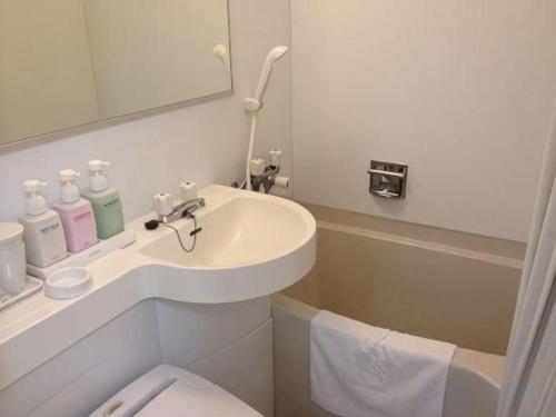 a bathroom with a sink and a toilet and a mirror at Hotel Annex Check In Shimbashi in Tokyo