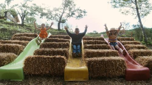 a man and two children riding down slides on hay bales at Eko Zaseok Brana in Rekovac