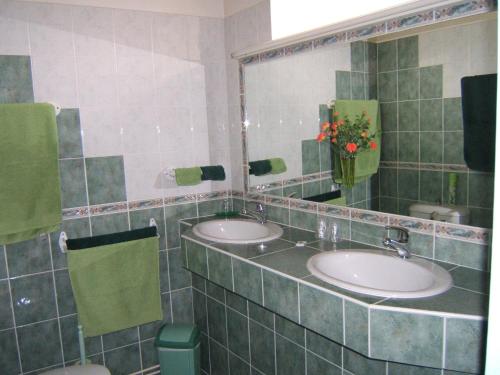 Baño con 2 lavabos y espejo en Chambres D’hôtes Lou Jassou, en Lapanouse-de-Cernon