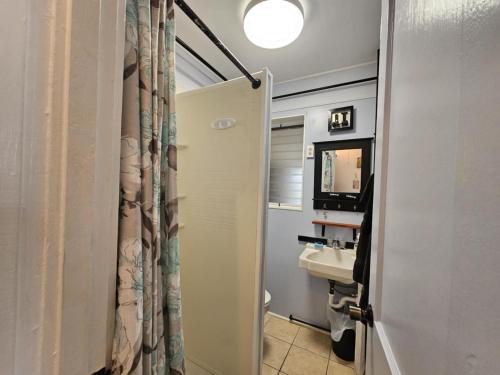 a bathroom with a shower curtain and a sink at Villa Margarita in Lanark Village