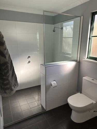 a bathroom with a toilet and a glass shower at Gracetown Caravan Park in Gracetown