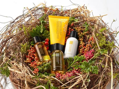 a nest with three bottles of essential oils and plants at Onomichi Kokusai Hotel in Onomichi