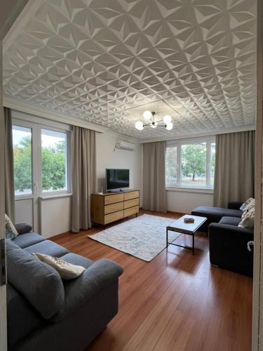 a living room with a coffered ceiling and a couch at Apartment Tzankov in Vidin