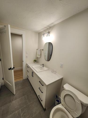 a bathroom with a toilet and a sink and a mirror at Peace Abode in Dieppe