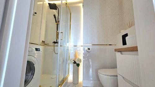 a bathroom with a washing machine and a toilet at Cosy Studio Gdynia Kamienna Góra in Gdynia