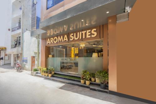 a store front of a store with potted plants at Hotel Aroma Plaza Delhi Airport in New Delhi