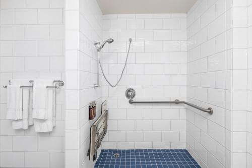 a bathroom with a shower with a blue tile floor at Hotel Erwin Venice Beach in Los Angeles