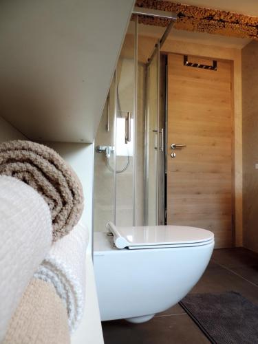 a bathroom with a white toilet and a shower at Apartment Place 2 Stay in Hvar
