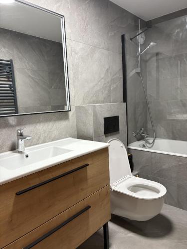 a bathroom with a sink and a toilet and a mirror at Slalom Apartment - Very Town Centre - Snow and Trek - Morzine in Morzine