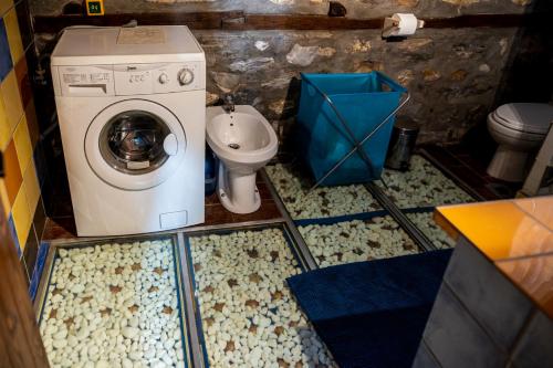 a bathroom with a washing machine and a toilet at Kleio in Elatochori