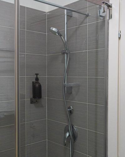 a shower in a bathroom with a glass door at Hotel San Teodoro in San Teodoro