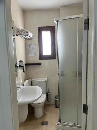 a bathroom with a toilet and a sink and a shower at Hostal Al-Andalus in Conil de la Frontera