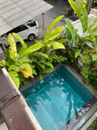 an overhead view of a swimming pool with plants at Natha Ubud Private Pool Villa by EPS in Ubud