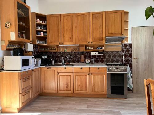 una cucina con armadi in legno e forno a microonde bianco di Prázdninový dům Šternberk a Šternberk