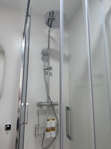a shower in a bathroom with a glass door at Mar de Ría 2 in Ribeira