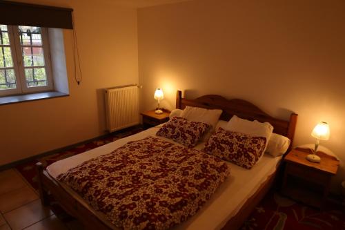 a bedroom with a bed with two lamps on two tables at Les Poneys Fringants in Saint-Jean-des-Ollières