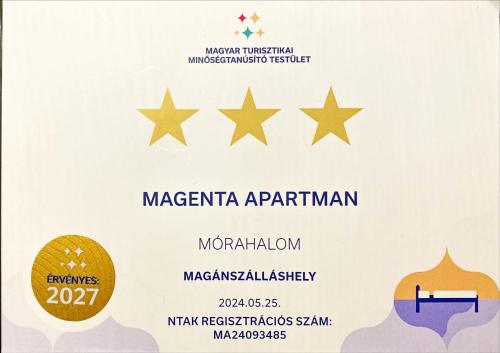 Certifikát, hodnocení, plakát nebo jiný dokument vystavený v ubytování Magenta Apartman