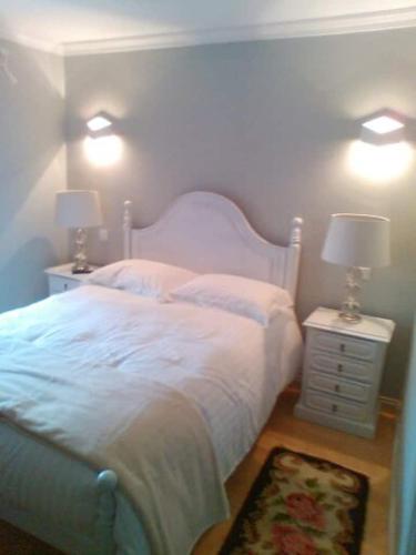 a bedroom with a white bed and two night stands with lamps at Casa Rural Santa Teresinha in Campo de Víboras