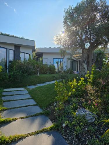 a garden with a tree and a house at Cape of Rodon Resort, Green Village in Draçi
