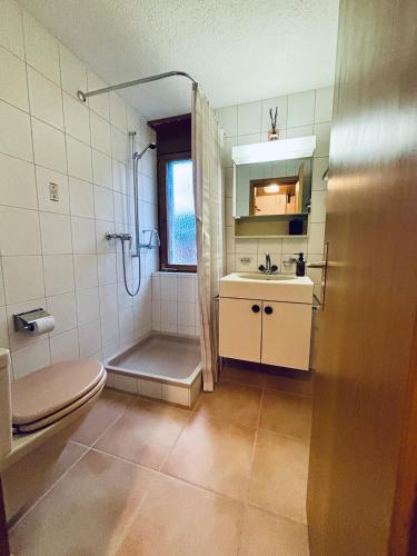 ein Badezimmer mit Dusche, Waschbecken und Toilette in der Unterkunft Chaletwohnung Thilo in Lenk im Simmental