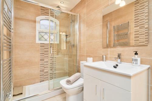 Un baño con inodoro, ducha y lavabo. en Apartamento Ella, en Nerja