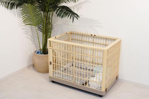 a bamboo crib in a room with a plant at Dia INN in Sumoto
