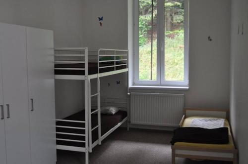 ヤーヒモフにあるSki Bike Hike Apartmentの二段ベッド2台と窓が備わる客室です。