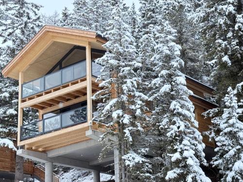 a house on the side of a snow covered tree at Naturchalets Turracher Höhe by ALPS RESORTS in Turracher Hohe